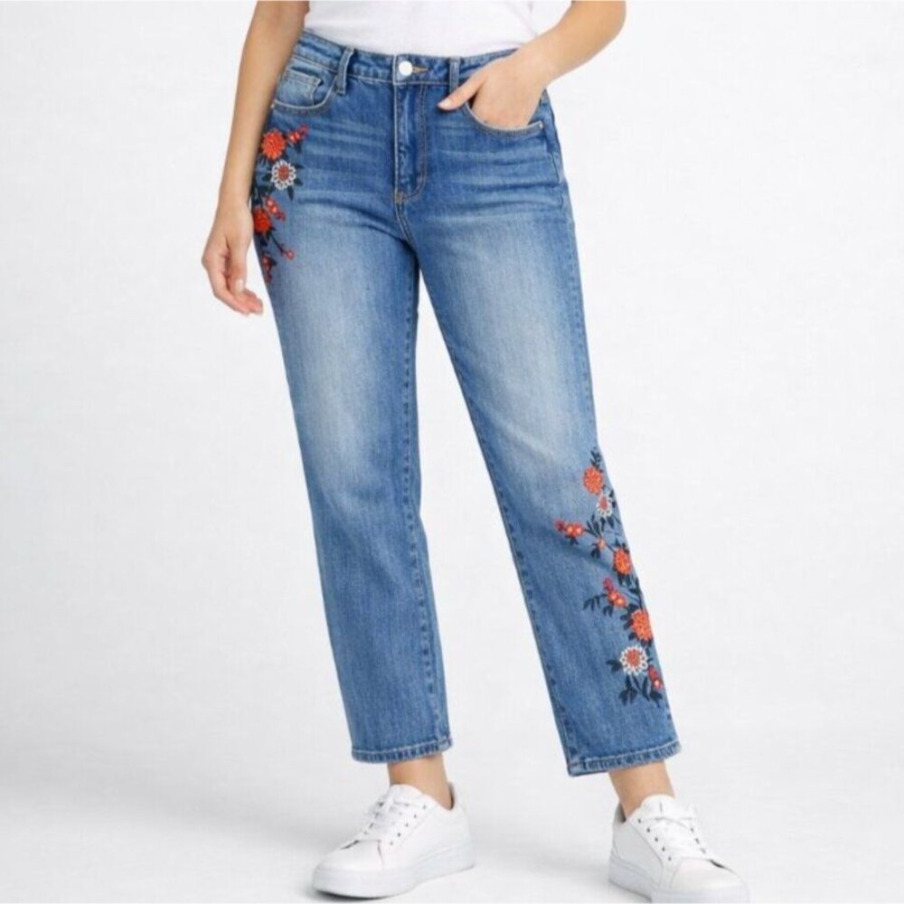 EUC Driftwood “Stella” Straight-Leg Jeans Red Floral Embroidery Stretch Denim 27